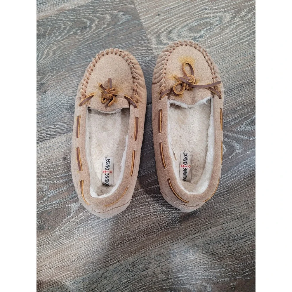 Minnetonka Cally Suede Faux Fur Lined Moccasin Slippers Tan Brown Size 2 Kids #5